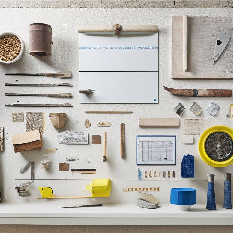 Image of a clutter-free workspace with various plastering accessories organized in a neat layout, including trowels, mixing buckets, joint knives, and a hawk board on a white background.