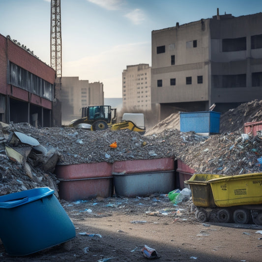 A cluttered construction site with trash scattered around, a half-demolished building in the background, surrounded by a few overflowing dumpsters, with a subtle contrast of a small, tidy recycling bin in the corner.