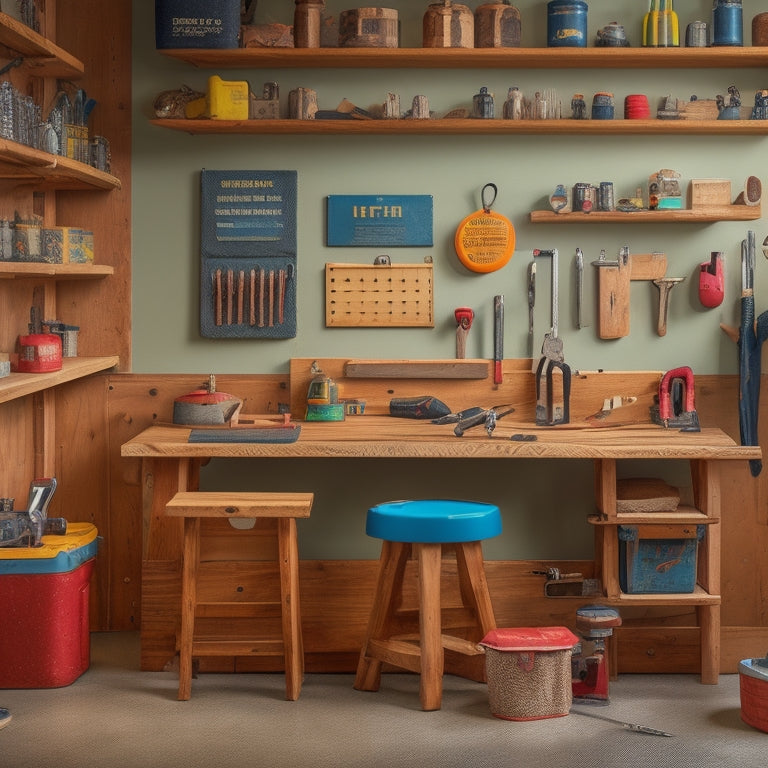 A clutter-free workshop with a wooden workbench, ergonomic stool, and a pegboard with organized tools, including a cordless drill, level, and pliers, amidst a subtle background of renovation-inspired textures and colors.