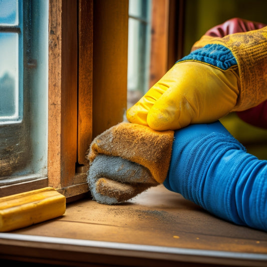 An image depicting a pair of gloved hands gently prying off a yellowed, cracked sealant from a worn wooden window frame, with a scraper tool and solvents nearby.
