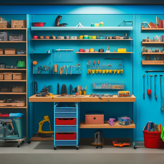 A clutter-free workshop with a pegboard displaying organized tools, a labeled cabinet filled with supplies, and a rolling cart with a built-in vice, set against a clean and well-lit background.