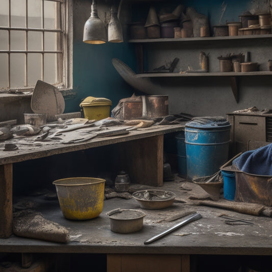 A cluttered workbench with various plastering tools, including a hawk, trowel, and joint knife, surrounded by buckets of mixed plaster, a putty knife, and a wire mesh sheet in the background.