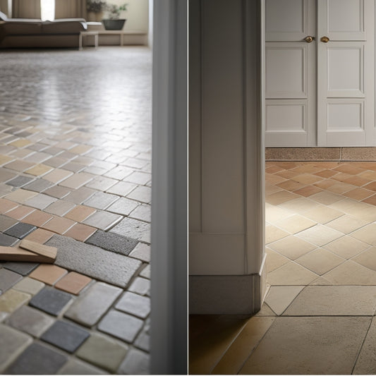 An image featuring a split-screen comparison: a floor with uneven, peeling tiles on the left, and a floor with perfectly aligned, securely fastened tiles on the right, with subtle hints of construction tools in the background.