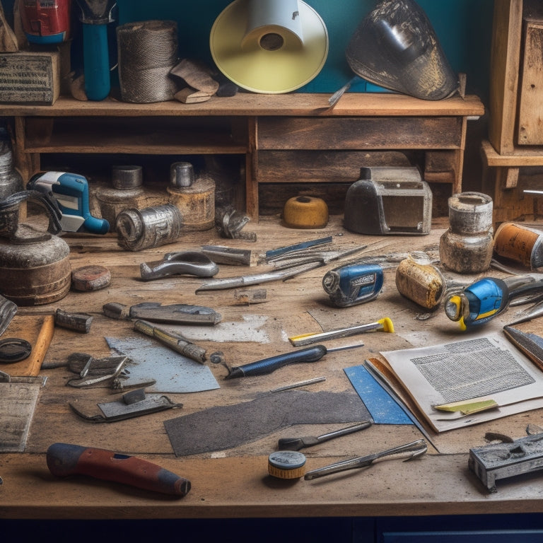 A cluttered but organized workshop table with a variety of tools, including a cordless drill, level, tape measure, hammer, pliers, and wrench, surrounded by scattered renovation plans and notes.