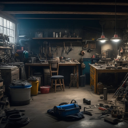 A cluttered, dimly lit garage with a jumbled mix of old tools and scattered renovation materials, contrasting with a well-organized, brightly lit workshop in the background, featuring a tidy array of modern equipment.