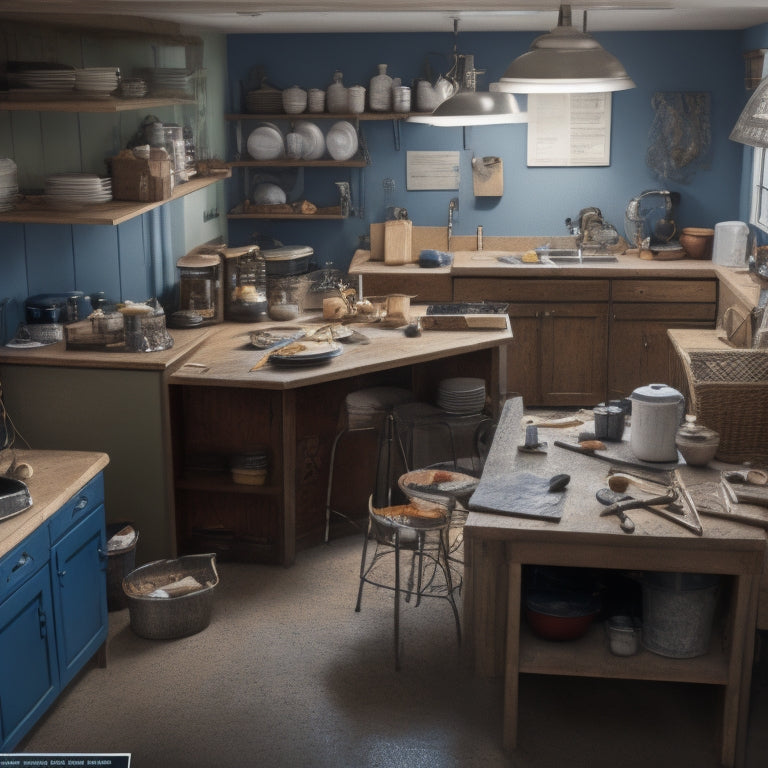 A cluttered kitchen with torn-out cabinets, exposed wiring, and scattered tools, with a sleek iPad prominently displayed on a nearby counter, surrounded by blueprints and renovation plans.
