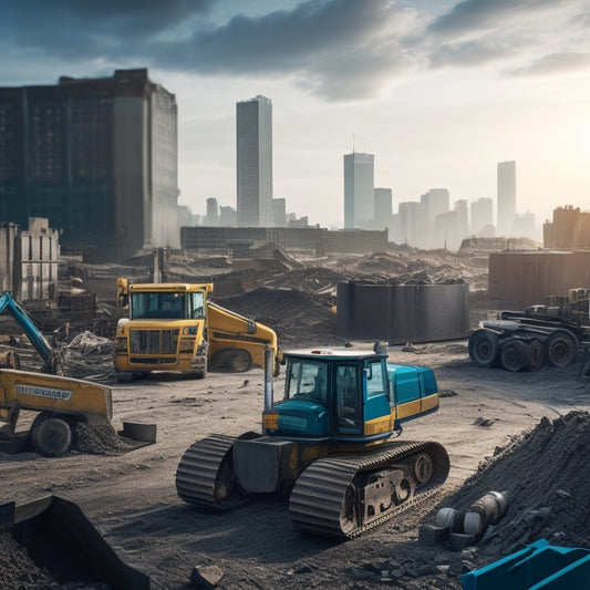 A cluttered renovation site with various scraper machines in the foreground, surrounded by construction materials and tools, with a blurred cityscape or suburban background.