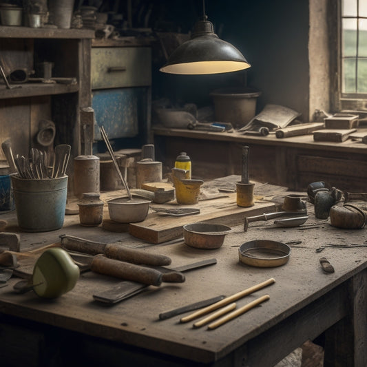 A cluttered workshop table with various trowels of different sizes and materials, surrounded by scattered renovation tools and building materials, with a subtle background of a partially renovated room.