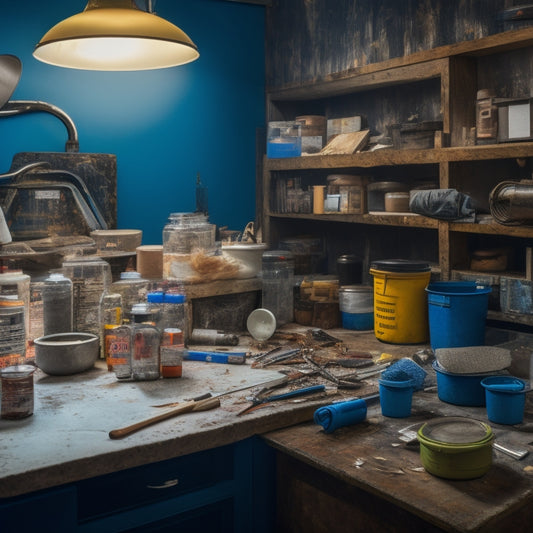 A cluttered renovation workspace with half-finished projects, surrounded by various bonding agents, including epoxy, acrylic, and polyurethane, in different containers, with tools and materials scattered about.