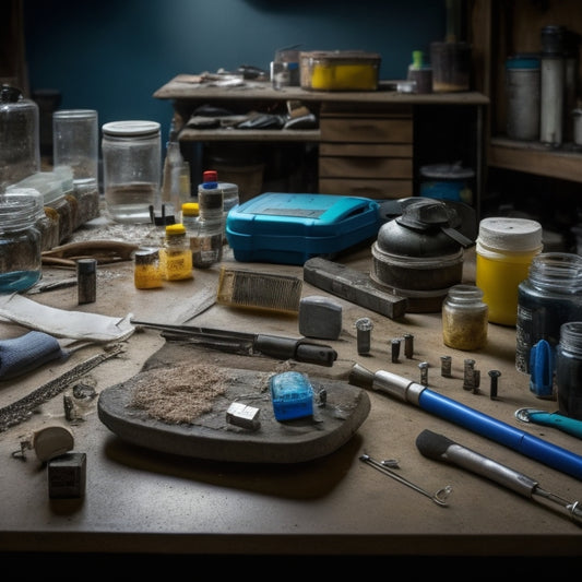 A cluttered workshop table with various epoxy injection tools, including a drill, mixing sticks, and injection ports, surrounded by epoxy cartridges, gloves, and a cracked concrete sample.