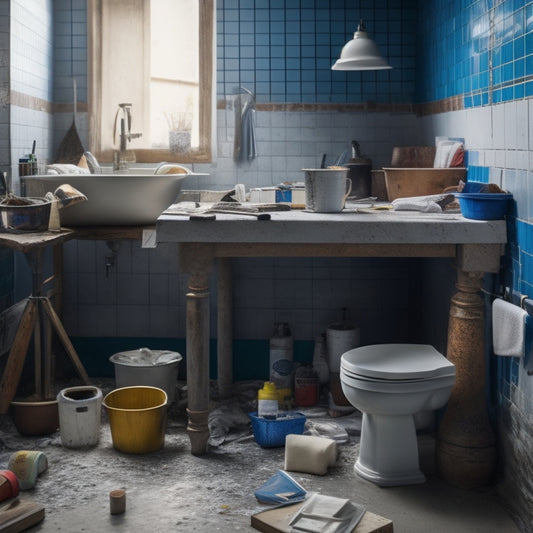 A messy, half-renovated bathroom with a few scattered tiles, a bucket, and a small mixer sitting on a workbench amidst the chaos, surrounded by tools and building materials.