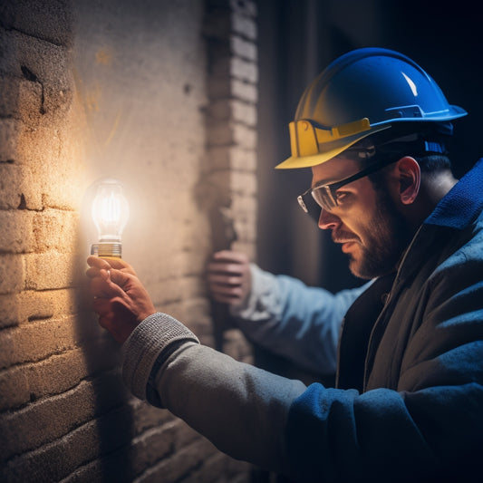 An image of a person in a hard hat and gloves, holding a flashlight and magnifying glass, inspecting a crack in a wall with a crumbling brick background and a faint blueprint outline.