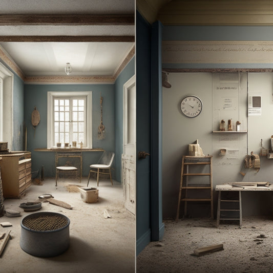 An illustration of a room undergoing plastering renovation, with a calendar or timeline in the background, showing different stages of renovation, from demolition to finishing touches, with tools and materials scattered around.