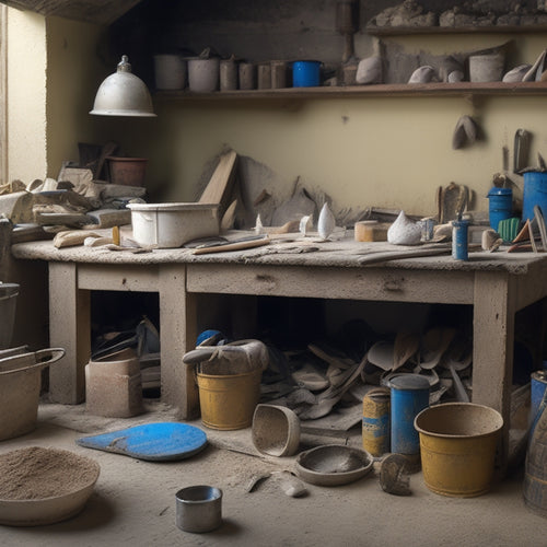 A cluttered but organized workbench with various plastering tools, including a hawk, trowel, putty knife, and joint knife, surrounded by small buckets of plaster, sand, and water.