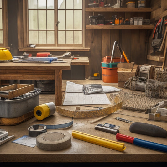 A cluttered workbench with various renovation materials (lumber, tiles, pipes, etc.) surrounded by measuring tape, calculators, and a partially completed checklist on a clipboard, with a blurred background of a home under construction.