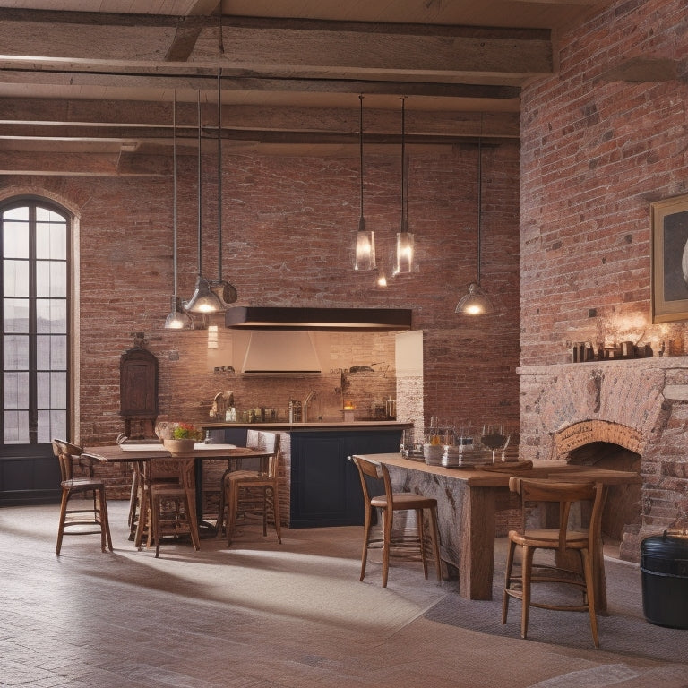 A well-lit, modern interior with exposed brick, wooden beams, and a mix of smooth, textured, and decorative plaster finishes on walls, columns, and ceiling, featuring various tools and materials.