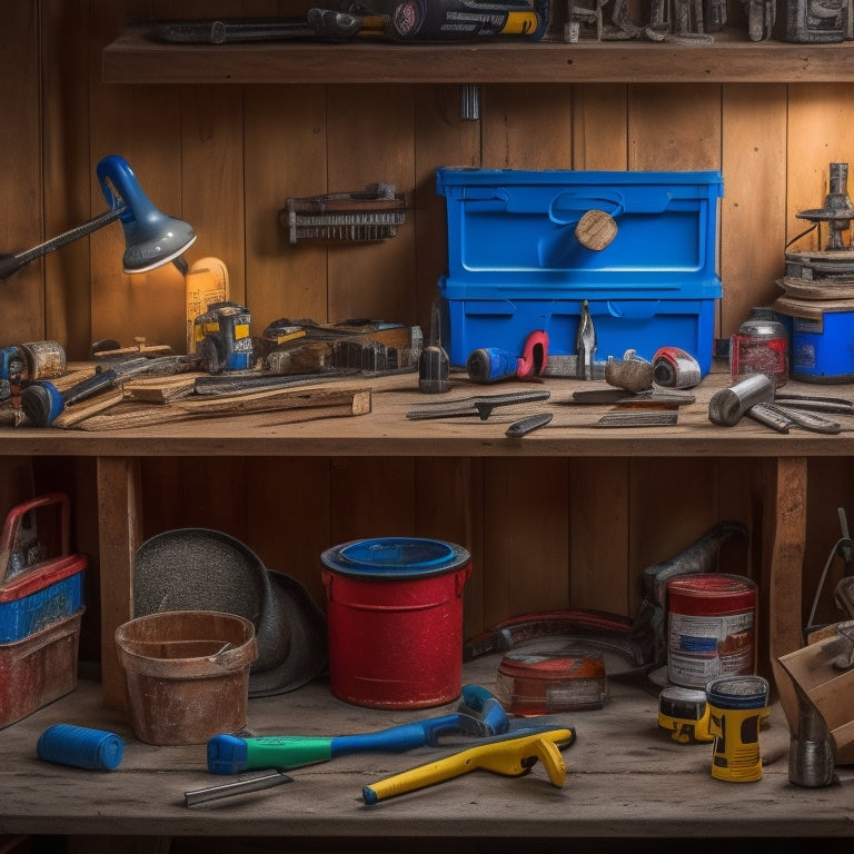 A cluttered workbench with a variety of DIY tools, including a cordless drill, level, tape measure, hammer, and saw, surrounded by renovation materials like lumber, drywall, and paint cans.