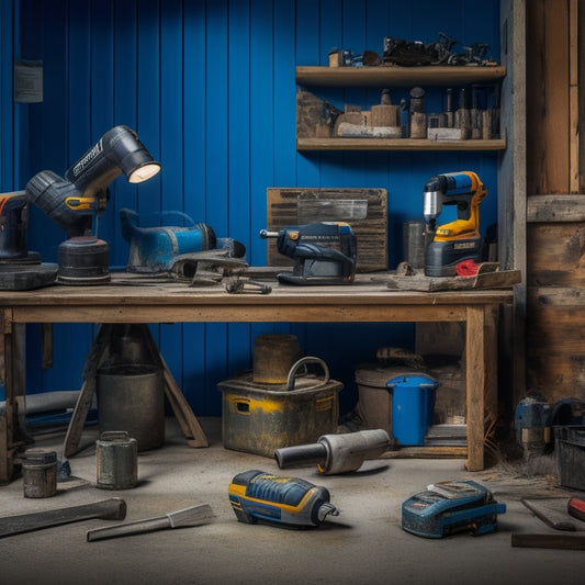 A cluttered workshop with various power tools and equipment scattered around, with a prominent display of a cordless drill, impact driver, and a wall scraper, surrounded by renovation materials like drywall and paint cans.