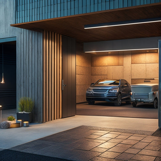 A modern block garage with exposed concrete blocks, warm LED lighting, and sleek metal accents, surrounded by samples of various materials, including wooden planks, metal panels, and glass tiles.