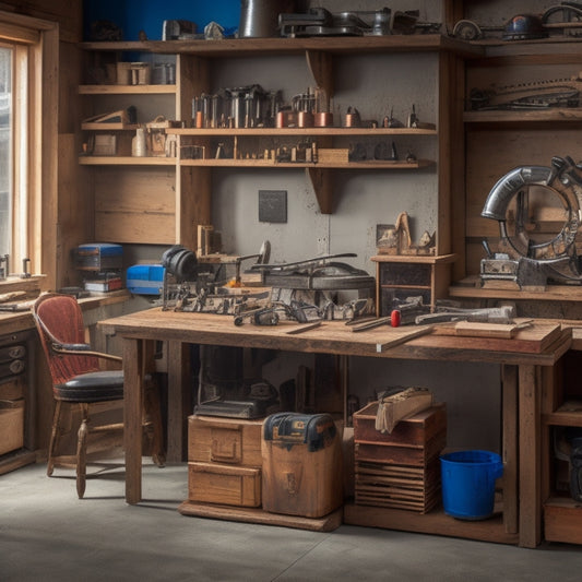 An organized workspace with a variety of renovation equipment and tools, including a circular saw, drill press, level, and ladder, arranged in a neat and tidy manner on a wooden workbench.