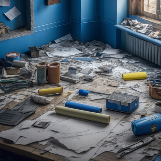 A cluttered room with torn wallpaper, broken furniture, and scattered renovation tools, surrounded by blueprints, measuring tapes, and a calendar, with a faint outline of a polished, modern space in the background.