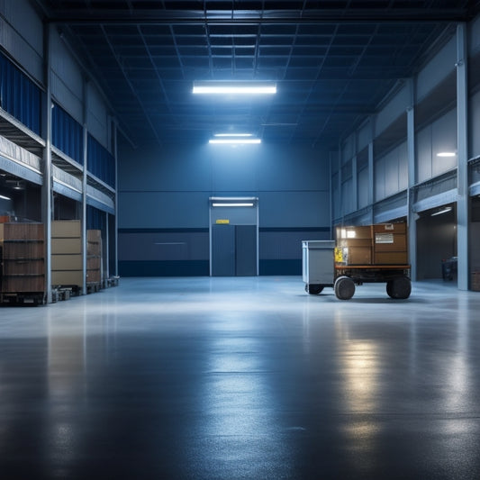 A dimly lit, renovated industrial warehouse with a freshly sealed epoxy concrete floor reflecting a faint image of a person walking towards a rolling tool chest in the distance.