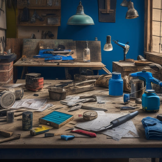 A cluttered workshop table with a mix of worn and new renovation tools, including a cordless drill, level, tape measure, and a partially opened toolbox, surrounded by scattered blueprints and paint swatches.