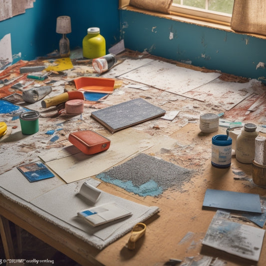 A messy room with torn wallpaper, exposed drywall, and scattered tools, with a calendar or planner on a cluttered table, surrounded by renovation materials like paint swatches and flooring samples.