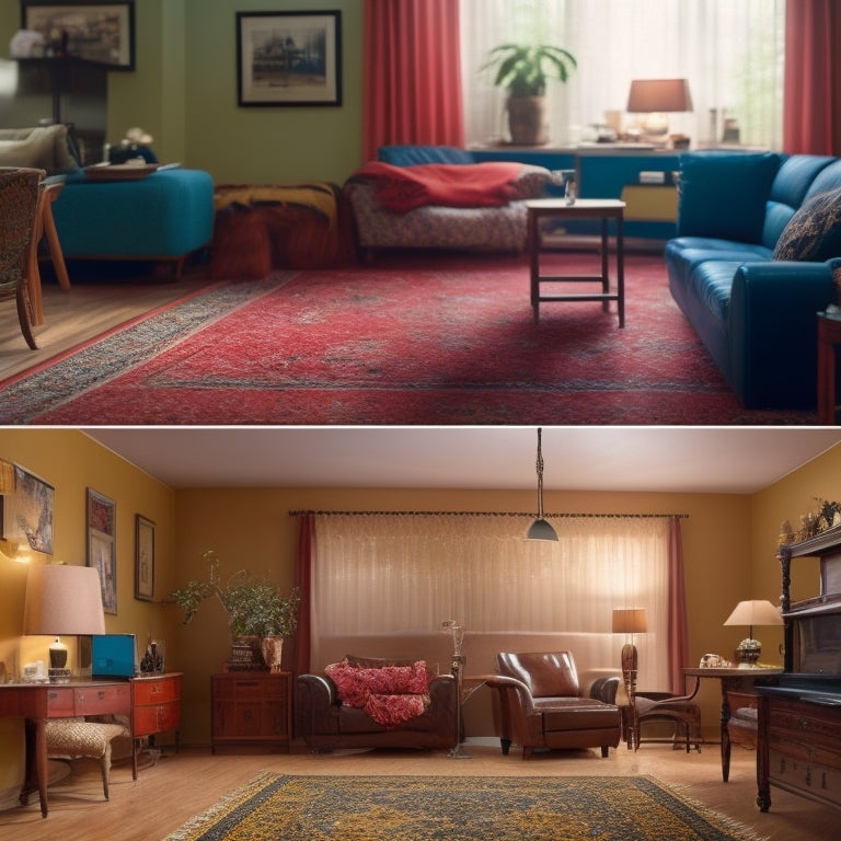 A split-screen image featuring a cluttered, worn-out living room on one side and a renovated, modern room with new flooring on the other, with a subtle grid pattern in the background.