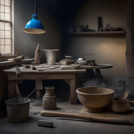 A well-lit workshop background with a neatly arranged selection of five essential plastering tools: a hawk, trowel, joint knife, sanding block, and putty knife, with a subtle hint of plaster dust and renovation materials.