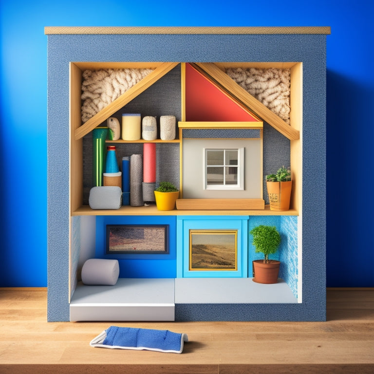An illustration of a cross-section of a renovated home, showcasing various sustainable insulation materials, such as recycled denim, wool, and foam board, in different colors and textures.
