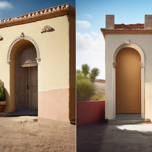 A split-screen image featuring a worn, cracked stucco exterior on the left, and a renovated, smooth stucco exterior with a sunny background on the right, showcasing a dramatic before-and-after transformation.