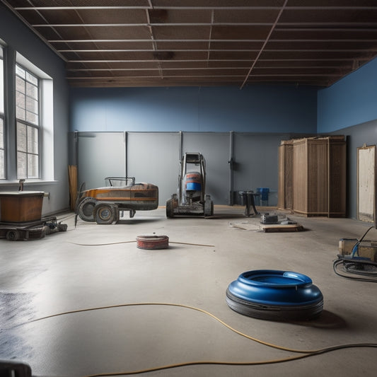 A large, empty room with a partially renovated sealed floor, featuring a scarifier, grinder, and polisher in the foreground, surrounded by renovation equipment and supplies.