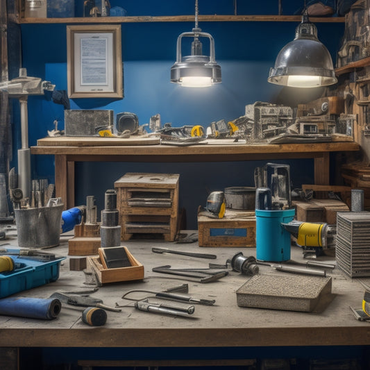 A cluttered workbench with various foundation inspection tools scattered about, including a hammer drill, level, moisture meter, and thermal imaging camera, surrounded by blueprints and a hard hat.