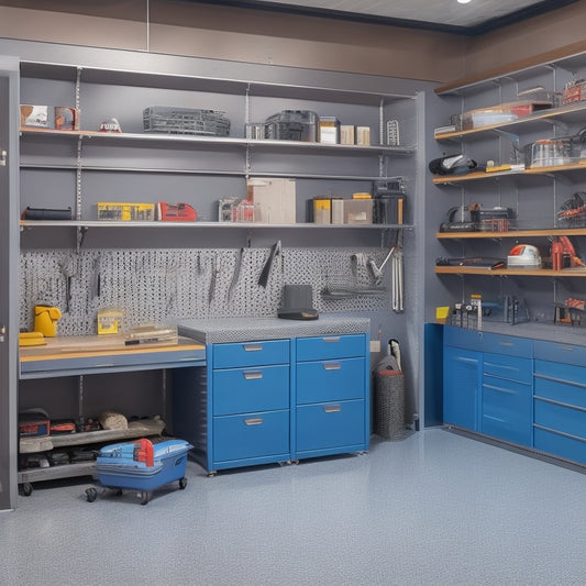 A well-organized garage with a sleek, gray epoxy floor, featuring a pegboard with neatly hung tools, a stainless steel workbench with a built-in vise, and a slatwall with labeled bins.