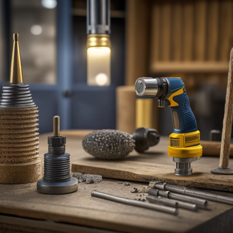 A close-up arrangement of various drilling bits, including masonry, concrete, wood, and metal bits, against a clean workshop background with a drill press and renovation materials blurred in the background.