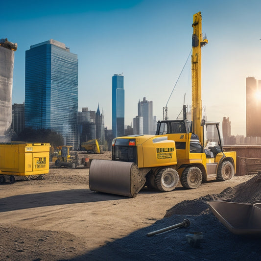 A clutter-free construction site with a mix of essential rental equipment, including a yellow forklift, a portable toilet, a generator, and a dumpster, set against a blurred cityscape background.
