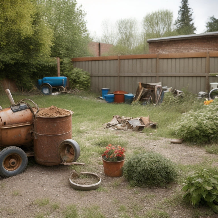 A cluttered backyard with a small, rusty cement mixer in the foreground, surrounded by scattered DIY renovation tools, amidst a backdrop of half-demolished walls and overgrown weeds.