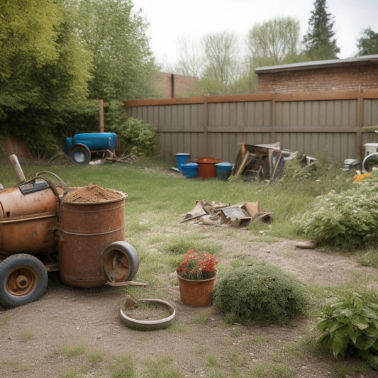A cluttered backyard with a small, rusty cement mixer in the foreground, surrounded by scattered DIY renovation tools, amidst a backdrop of half-demolished walls and overgrown weeds.