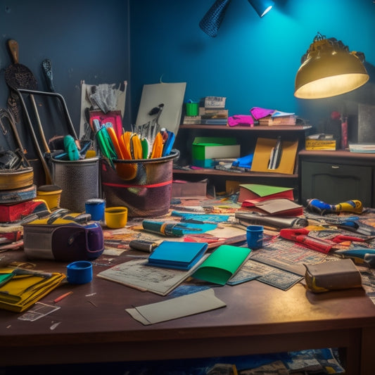 A cluttered, dimly lit room with torn wallpaper, broken tiles, and scattered tools, contrasted with a clean, organized renovation plan on a clipboard, surrounded by color-coded folders and pens.