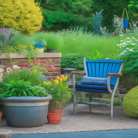A serene backyard scene with a renovated block planter as the centerpiece, featuring lush greenery, vibrant flowers, and a small decorative bench, surrounded by neatly arranged gardening tools.