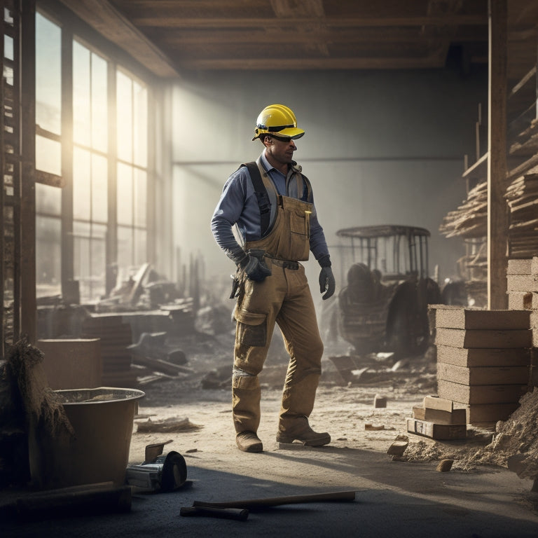 A construction worker wearing a hard hat, safety goggles, and gloves, standing on a ladder amidst a dusty, partially demolished room with flooring materials and tools scattered around, with a subtle checklist or clipboard in the background.
