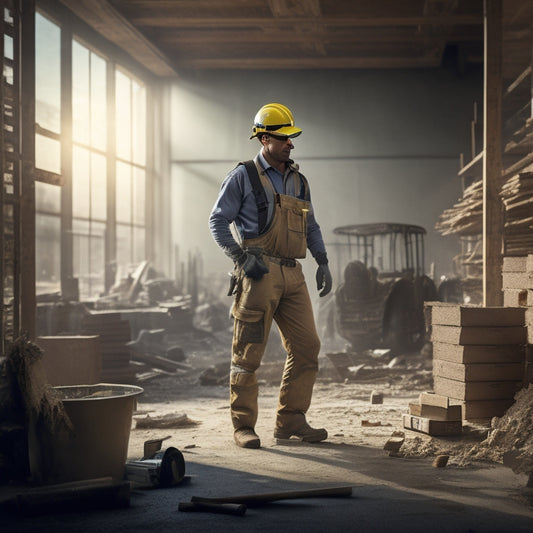 A construction worker wearing a hard hat, safety goggles, and gloves, standing on a ladder amidst a dusty, partially demolished room with flooring materials and tools scattered around, with a subtle checklist or clipboard in the background.