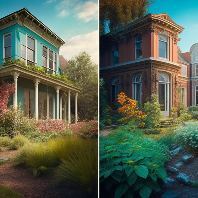 A split-screen illustration featuring a rundown, worn-out house on the left with broken windows, overgrown gardens, and a crumbling facade, and a pristine, modernized version on the right with sleek lines, large windows, and vibrant landscaping.