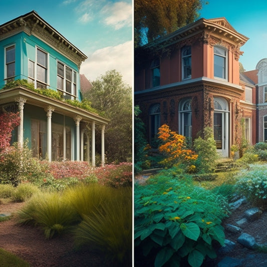 A split-screen illustration featuring a rundown, worn-out house on the left with broken windows, overgrown gardens, and a crumbling facade, and a pristine, modernized version on the right with sleek lines, large windows, and vibrant landscaping.