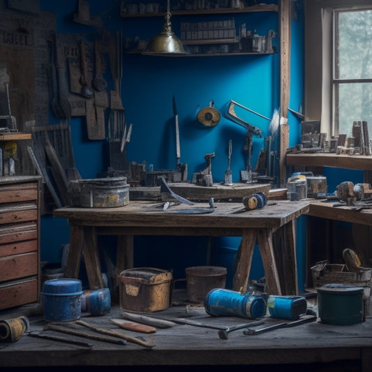 A cluttered DIY workshop with half-finished projects, surrounded by scattered tools, paint swatches, and torn blueprints, with a single, gleaming golden hammer standing upright on a wooden workbench.