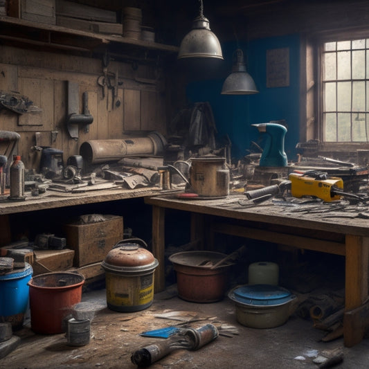 A cluttered workshop background with various adhesion tools scattered around, such as caulk guns, adhesive applicators, and tubes of sealant, with some worn-out or rusty, amidst scattered renovation materials like wood planks and drywall.
