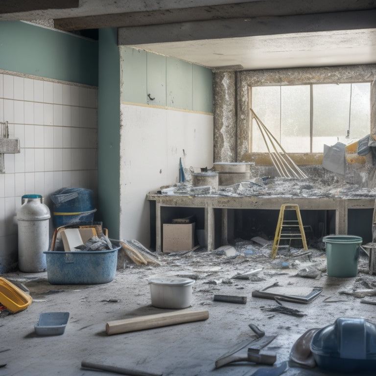 A cluttered construction site with torn-out drywall, scattered tools, and discarded packaging materials surrounding a half-demolished kitchen, with a faint outline of a blueprint on the wall.