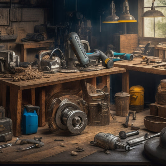 A cluttered workshop background with a variety of power tools scattered around, including a circular saw, drill press, and impact wrench, with a few tools having price tags attached.