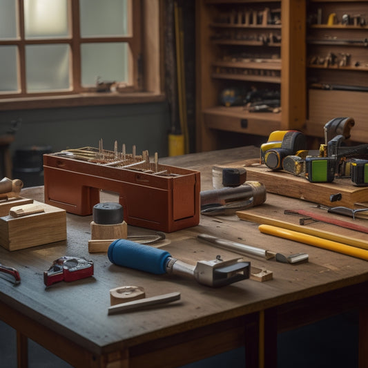 An organized workshop with a wooden workbench, surrounded by various leveling tools such as spirit levels, laser levels, and precision instruments, against a clean, minimalist background.
